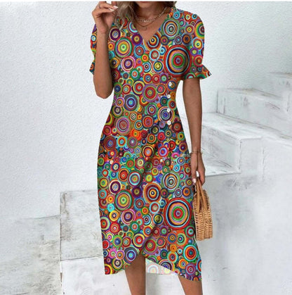 Damen Wickelkleid Blumenmuster V-Ausschnitt Puffärmel Knielang