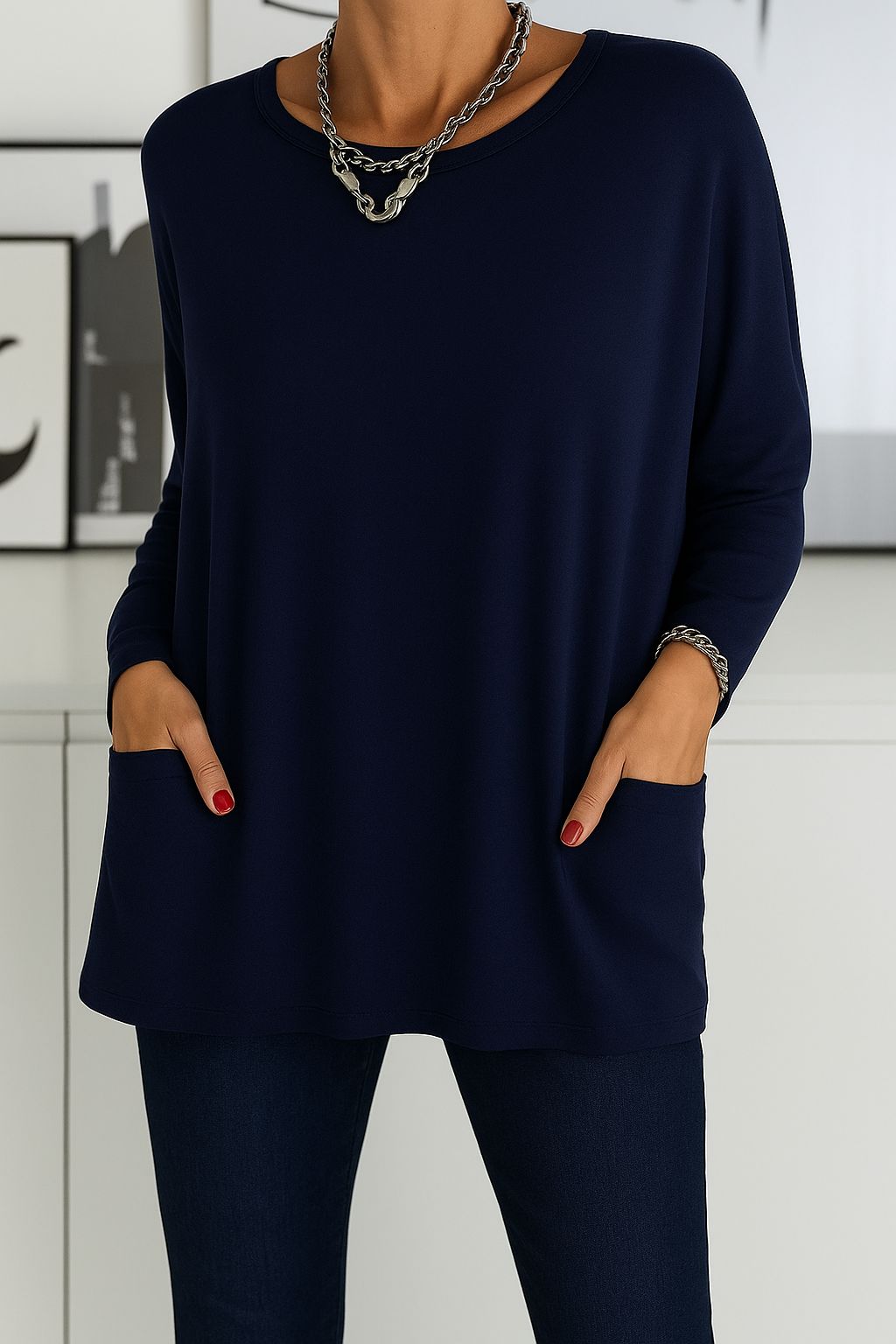 Damen Lockeres Langarmshirt Baumwolle Weiß