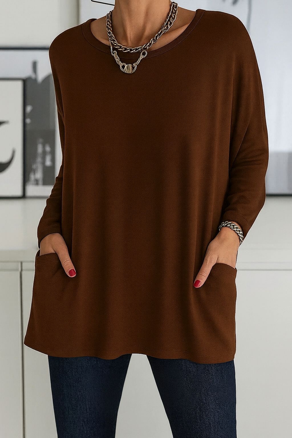 Damen Lockeres Langarmshirt Baumwolle Weiß