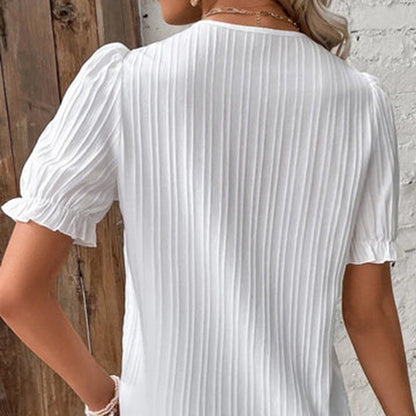 Barentha Damen Bluse V-Ausschnitt Spitze Puffärmel Eleganz Weiß