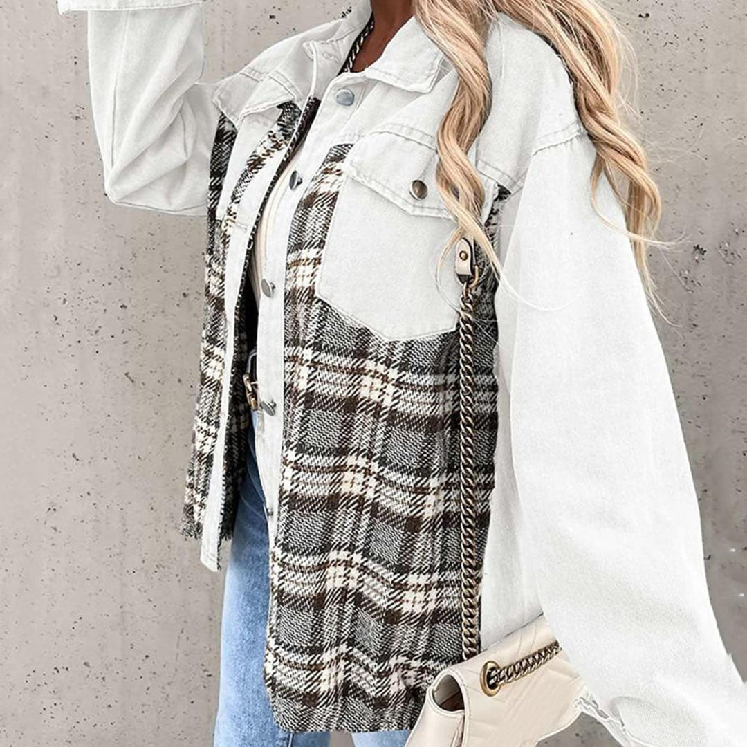 Damenjacke Kariert Denim-Look mit Knöpfen und Kragen