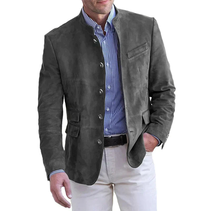 Wildleder Blazer - Einreihige Herren Blazerjacke mit Mandarinenkragen-Grau-S-Chaps Herrenmode