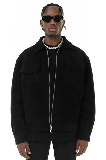 Herren Lederjacke Wildleder Reißverschluss Schwarz - Eveloria