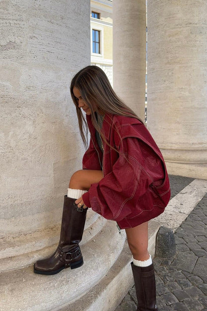 Damen Oversized Jacke Reißverschluss Umlegekragen Modern