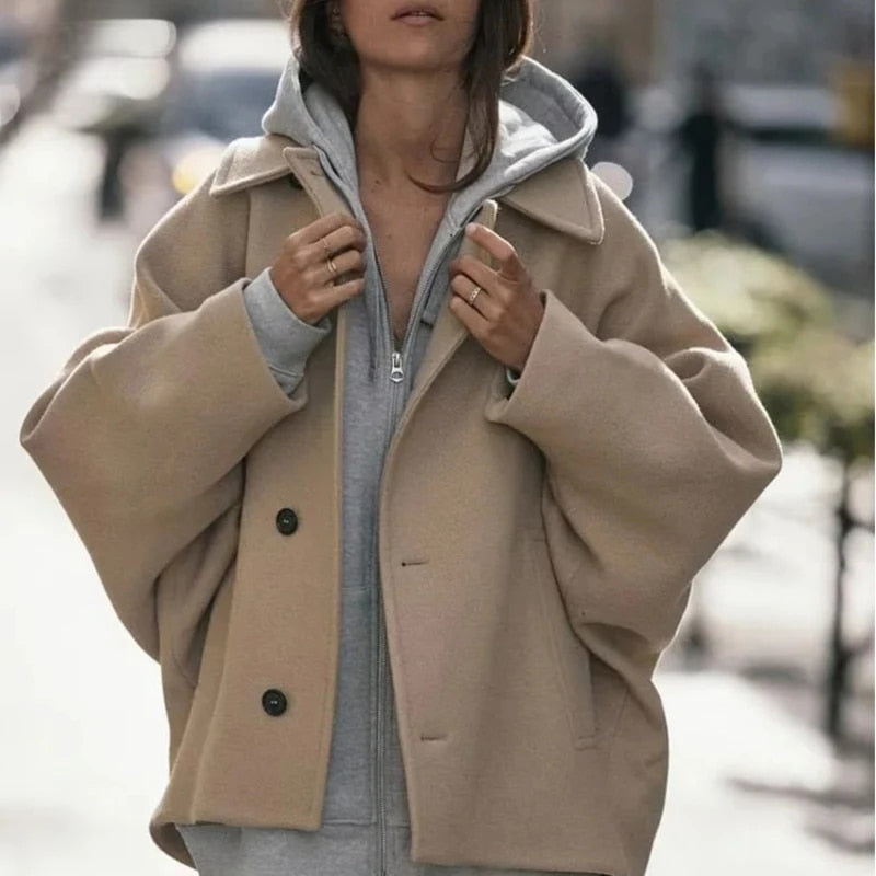 Damen Oversize Jacke Revers Knopfleiste
