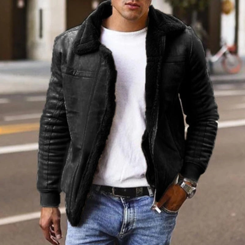 Herren Lederjacke Bikerjacke Fellfutter Schwarz - Eveloria