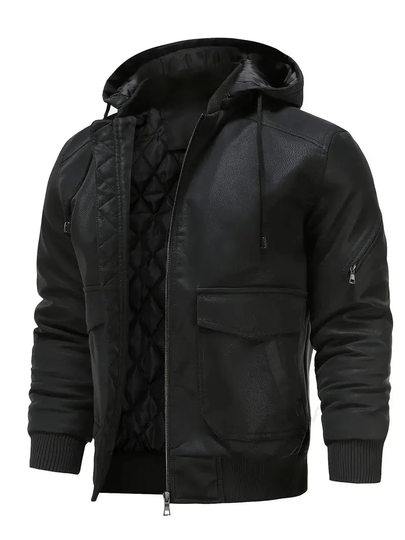 Herren Lederjacke Kunstleder Kapuzenjacke Schwarz - Eveloria