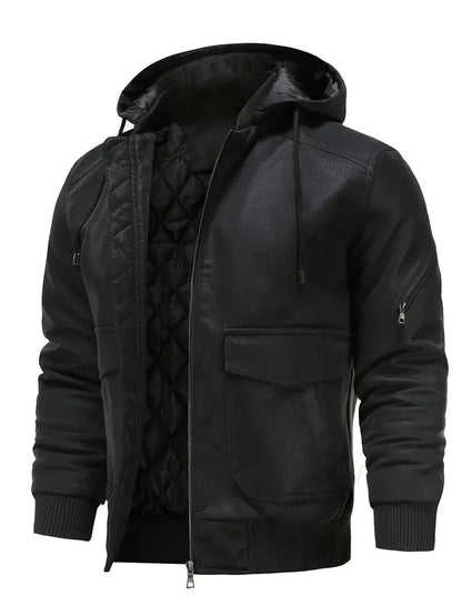 Herren Lederjacke Kunstleder Kapuzenjacke Schwarz - Eveloria