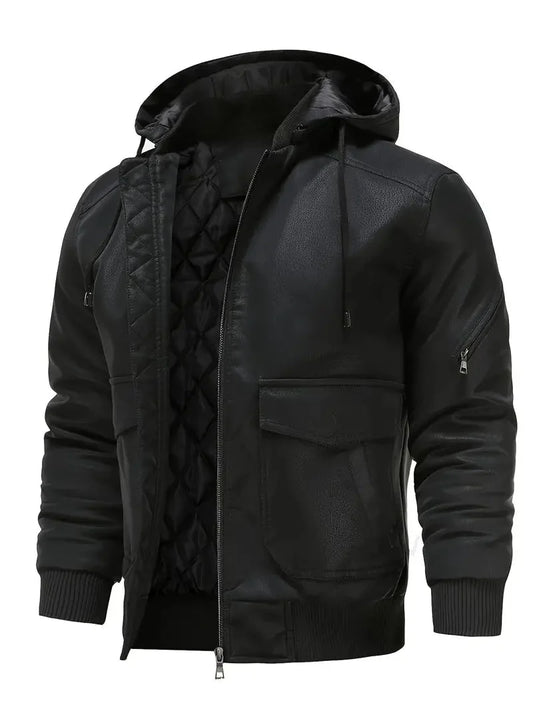 Herren Lederjacke Kunstleder Kapuzenjacke Schwarz - Eveloria
