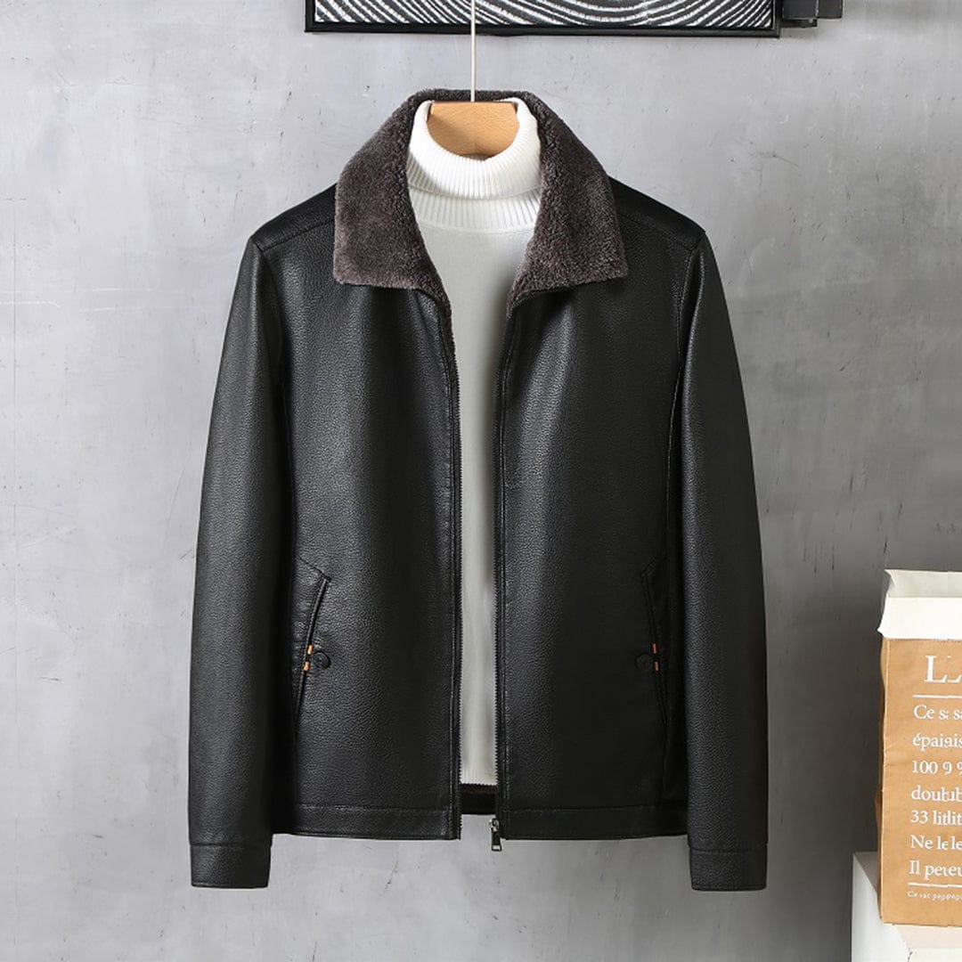 Herren Winter-Lederjacke Kunstleder Reißverschluss Fleece Schwarz - Eveloria