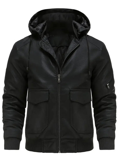 Winter-Lederjacke – winddichte PU-Lederjacke mit Kapuze und gestepptem Innenfutter für Herren-Chaps Herrenmode