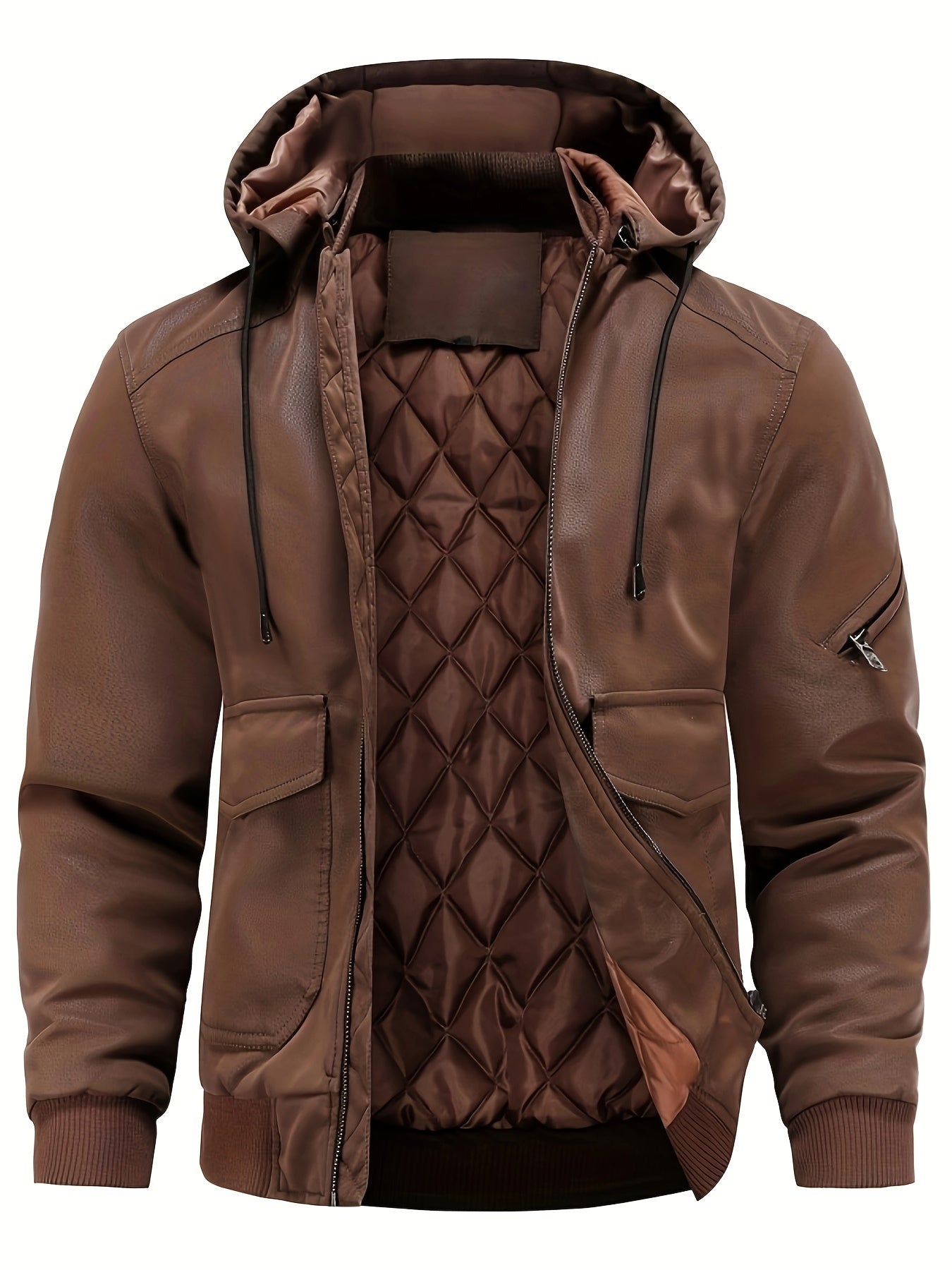 Herren Winter-Lederjacke Winddicht PU-Leder Kapuze Gesteppt Schwarz - Eveloria