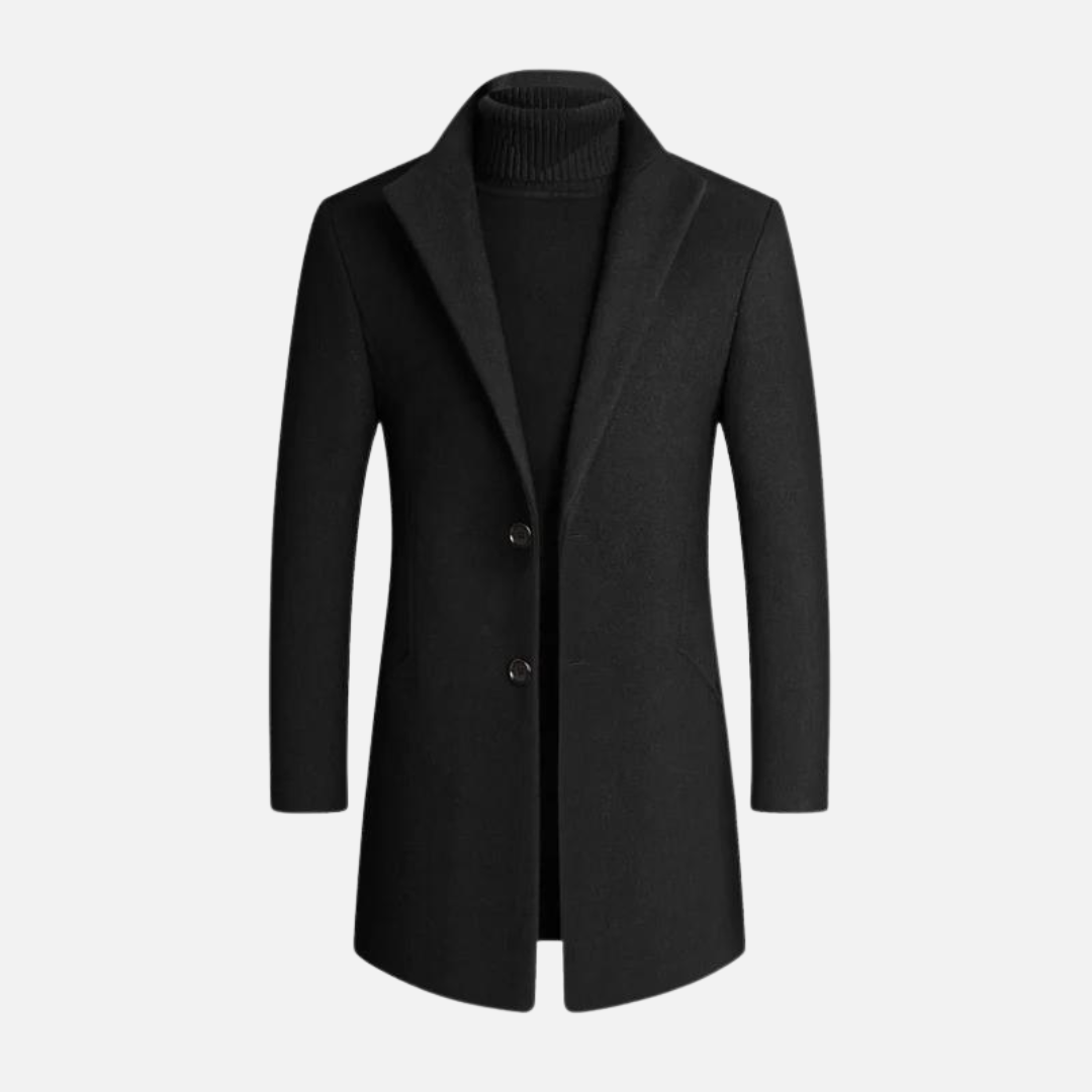 Herren Trenchcoat Wollmischung Einreihig Schwarz - Eveloria