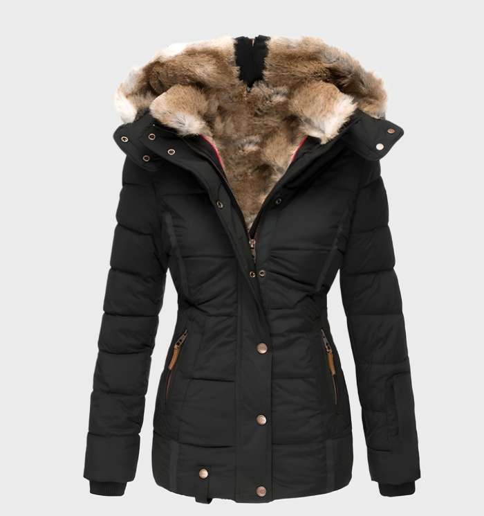 Damen Winterjacke Slim Fit Kapuze Wasserabweisend Schwarz - Eveloria