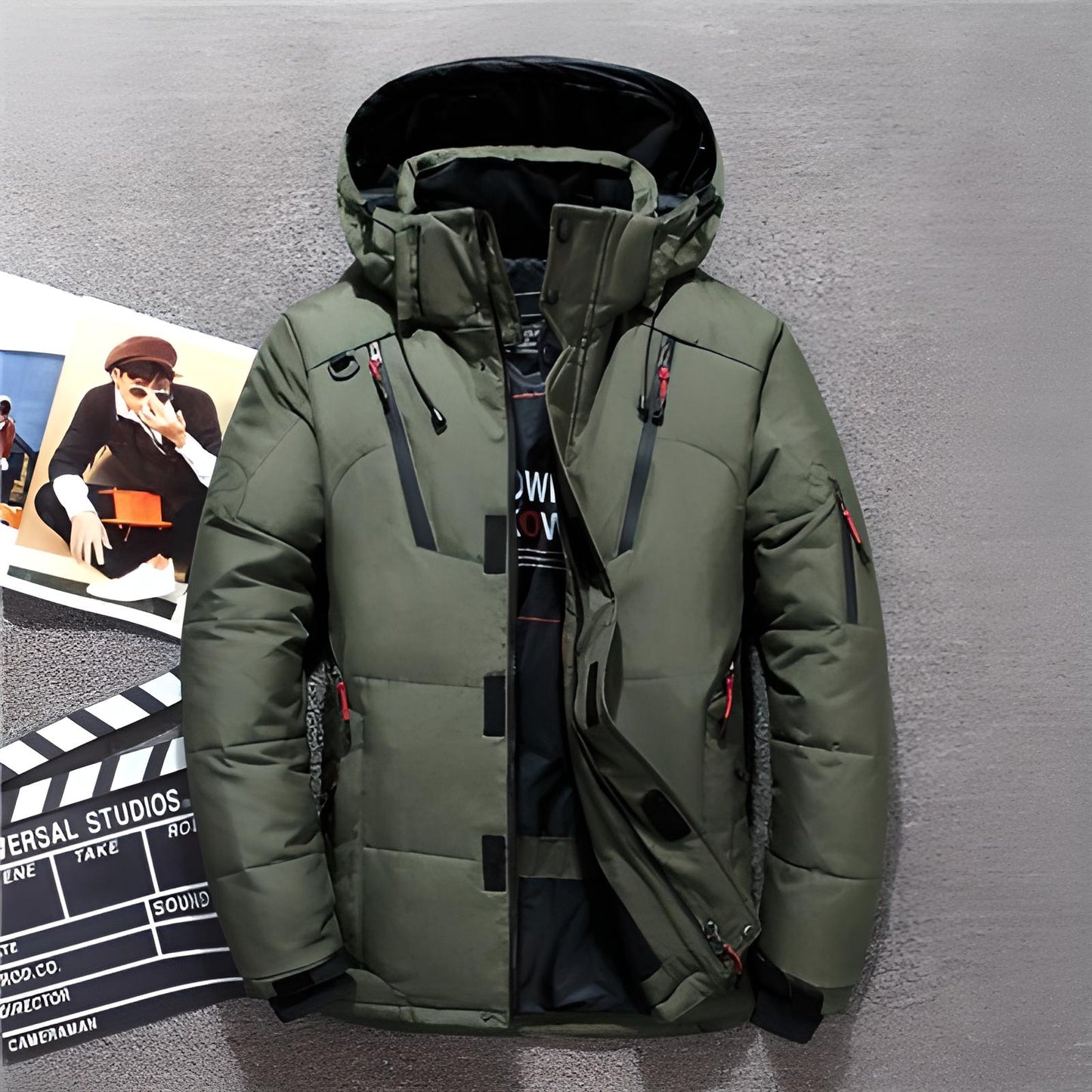 Winterjacke - Herren Zip-Up Kapuzenpuffer Daunenjacke-Grün-M-Chaps Herrenmode