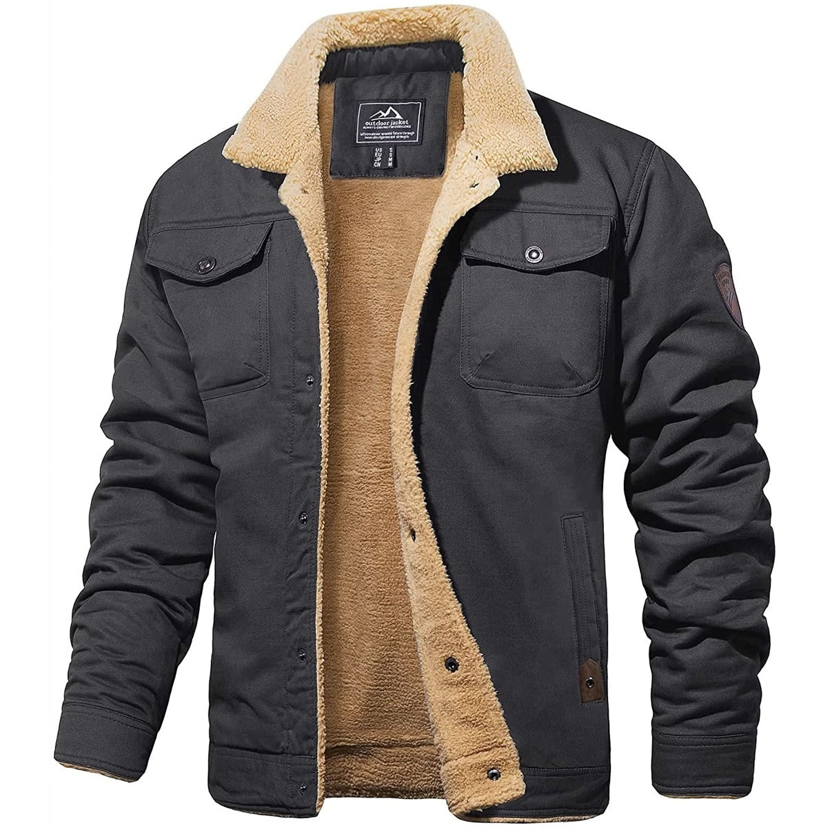 Winterjacke | Mit Sherpa gefüttert | Zum Knöpfen | Winter-Bomberjacke | Herrenjacke-Dunkelgrau-S-Chaps Herrenmode