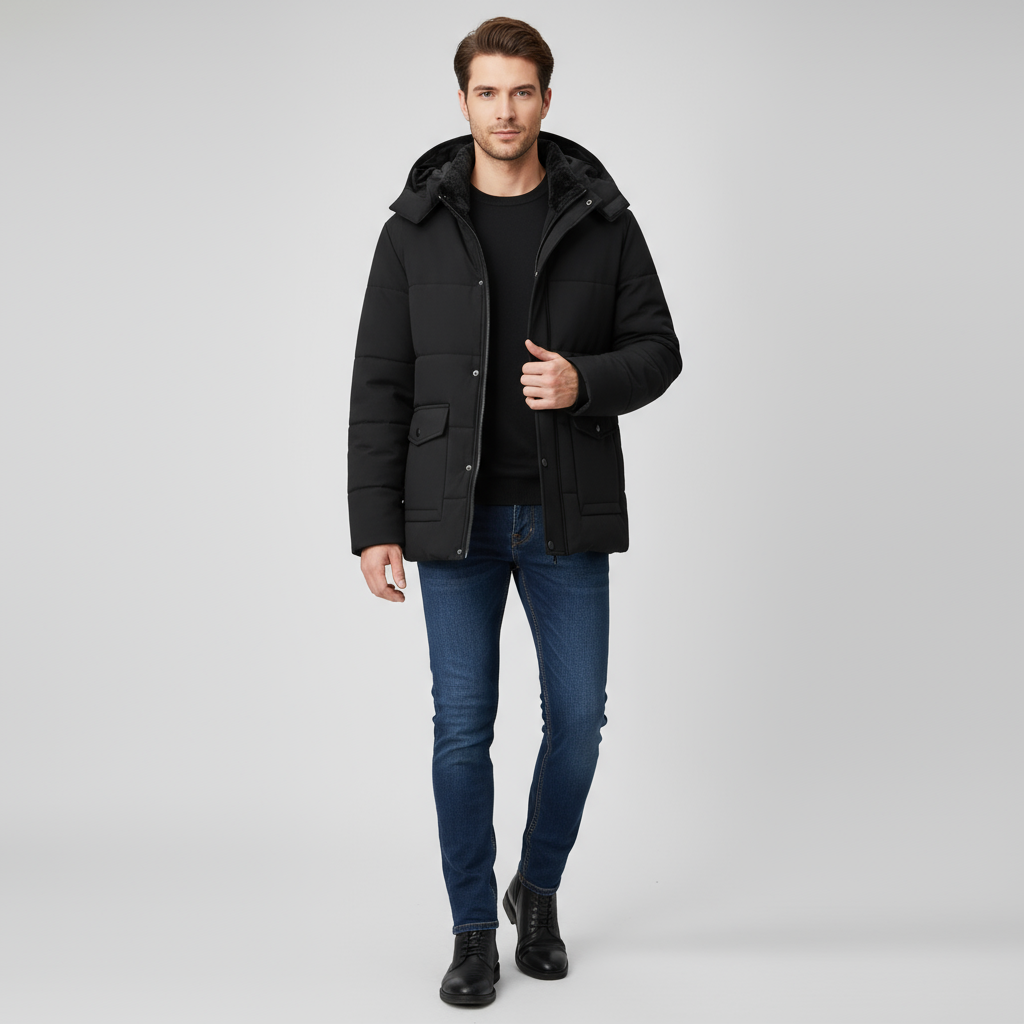 Herren Winterparka Kapuze Steppfutter Schwarz - Eveloria