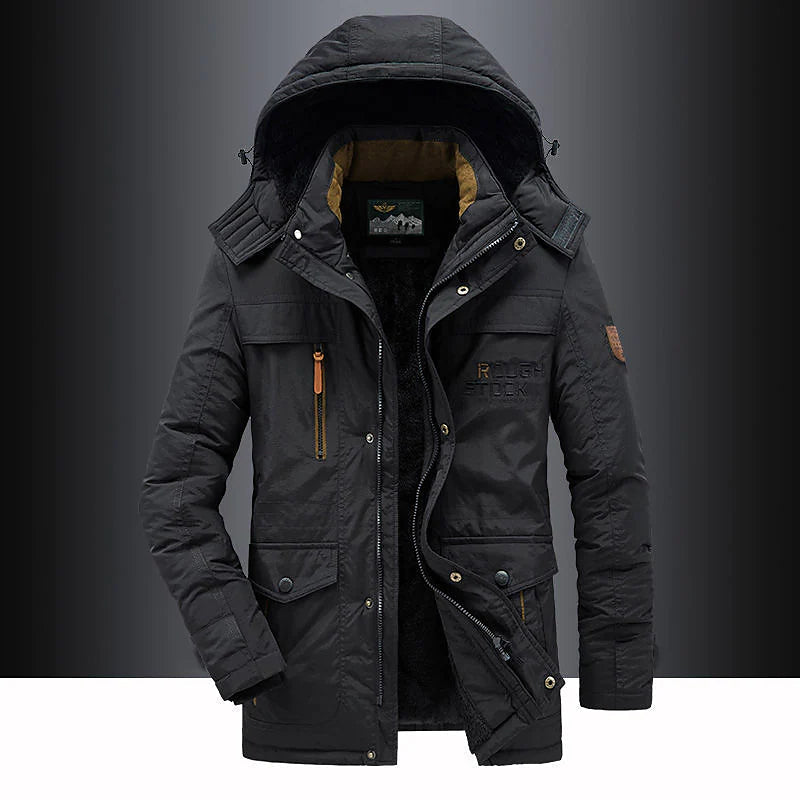 Herren Winterparka Mit Kapuze Fleece Gefüttert Schwarz - Eveloria