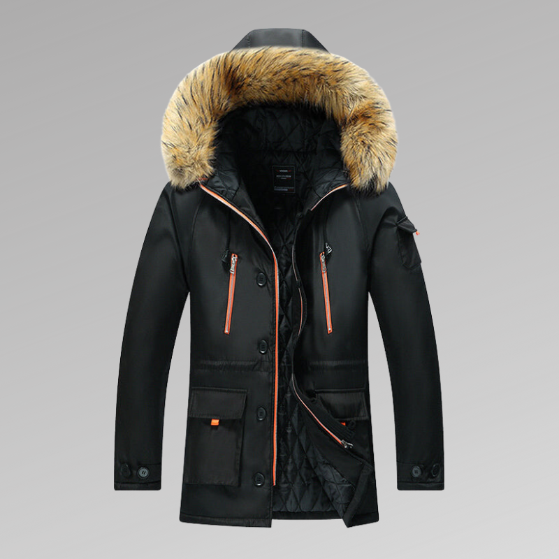 Herren Winterparka Steppjacke Fellkapuze Steppfutter Warm Schwarz - Eveloria