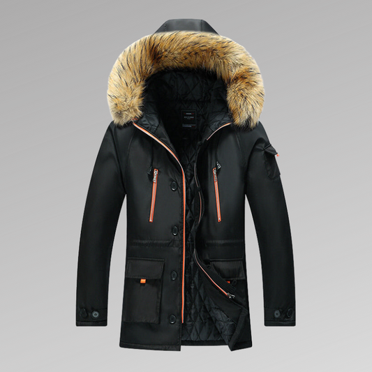 Herren Winterparka Steppjacke Fellkapuze Steppfutter Warm Schwarz - Eveloria
