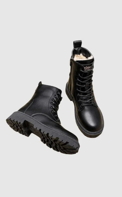 Damen Schnürstiefeletten Schwarz Leder Warmfutter Rutschfest - Eveloria