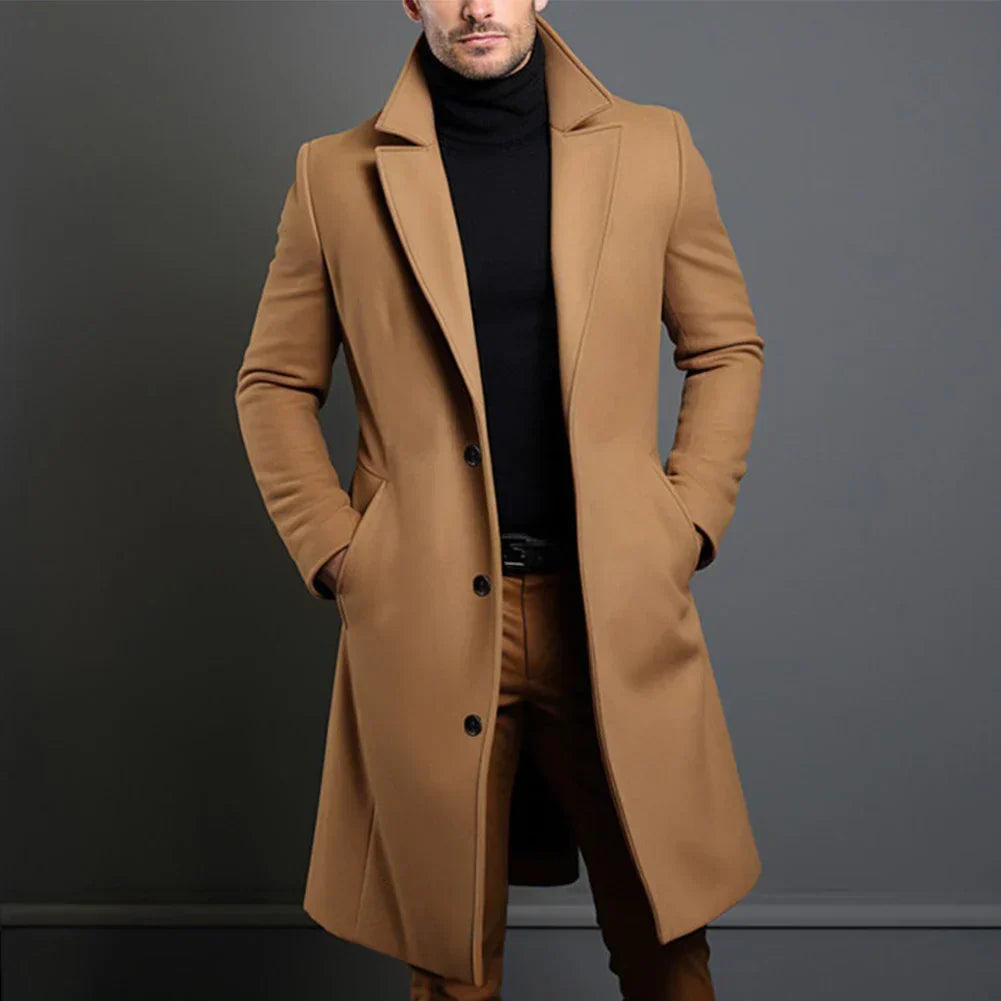 Herren Trenchcoat Woll Einreihig Schwarz - Eveloria