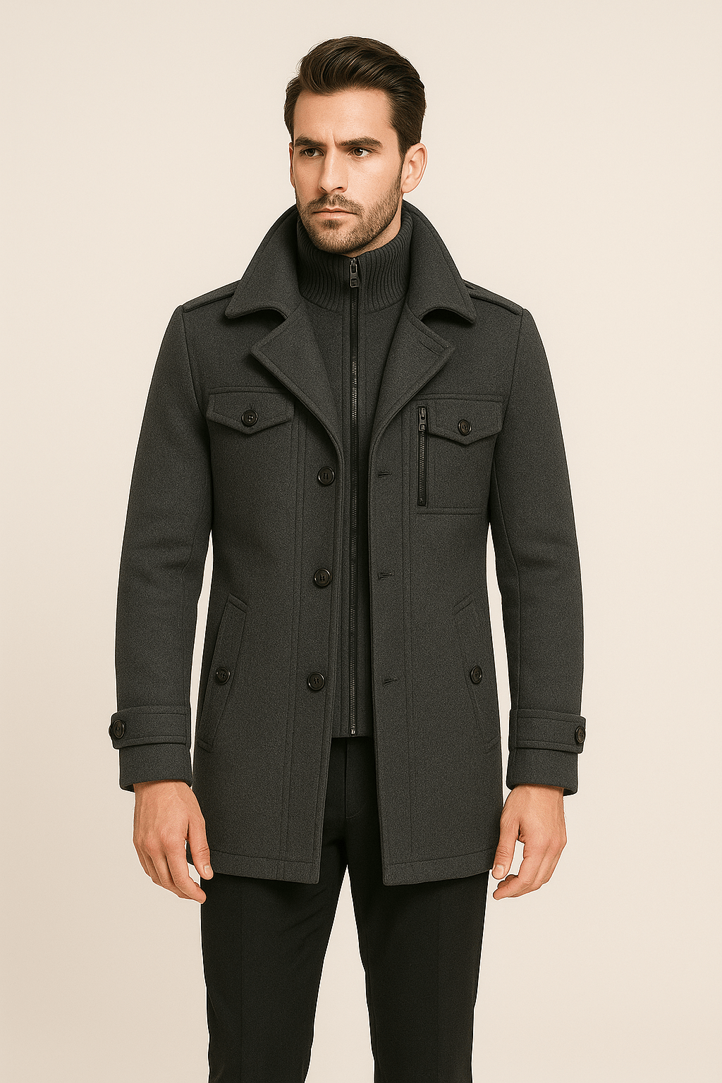 Herren Winterjacke Doppellagig Wolltrenchcoat Schwarz - Eveloria