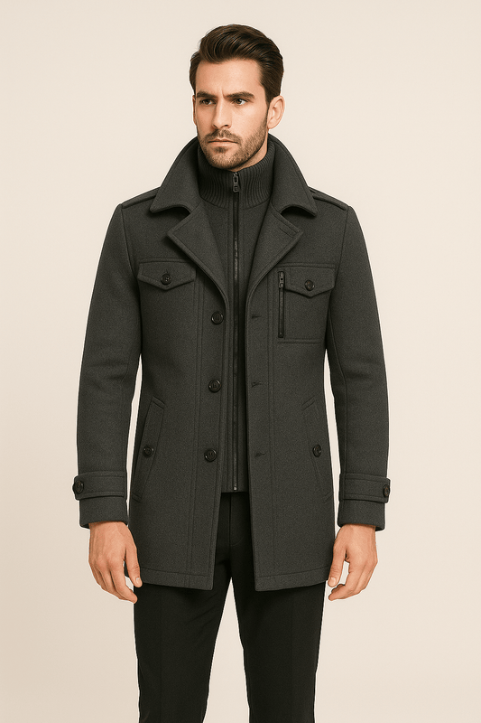 Herren Winterjacke Doppellagig Wolltrenchcoat Schwarz - Eveloria