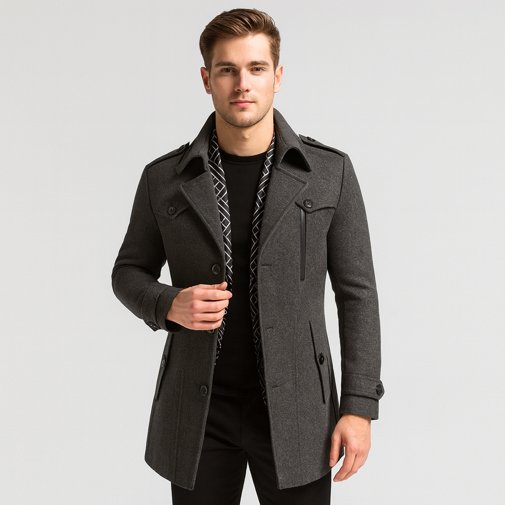 Herren Wollmantel Kurz Einreihig Winter Schwarz - Eveloria