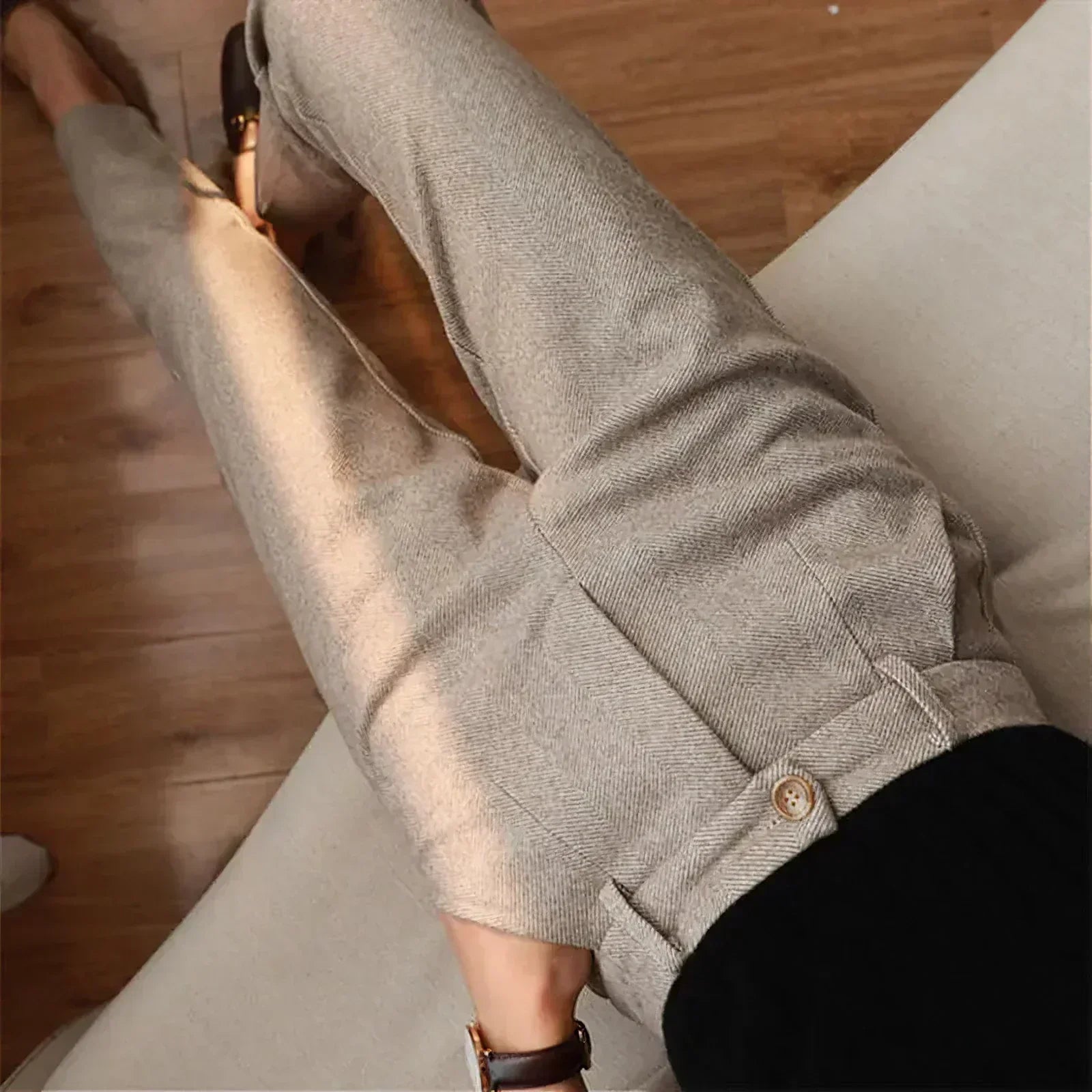 Herren Slim-Fit-Hose Wollmischung Fischgrätenmuster Schwarz - Eveloria