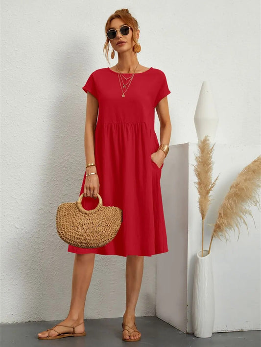 Damen Kurzarm Midikleid Mit Taschen - Eveloria
