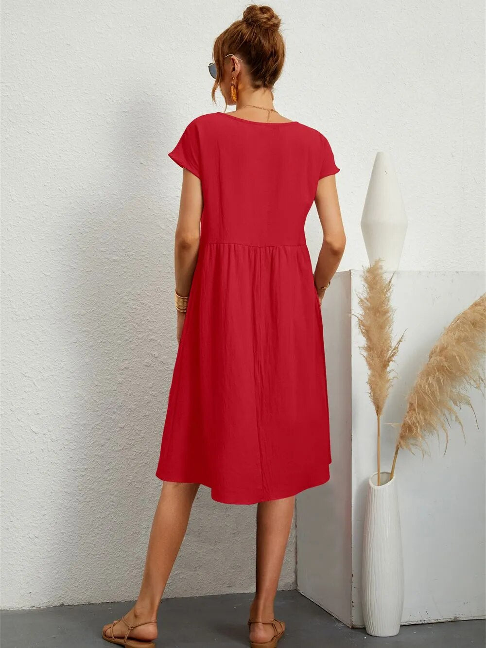 Damen Kurzarm Midikleid Mit Taschen