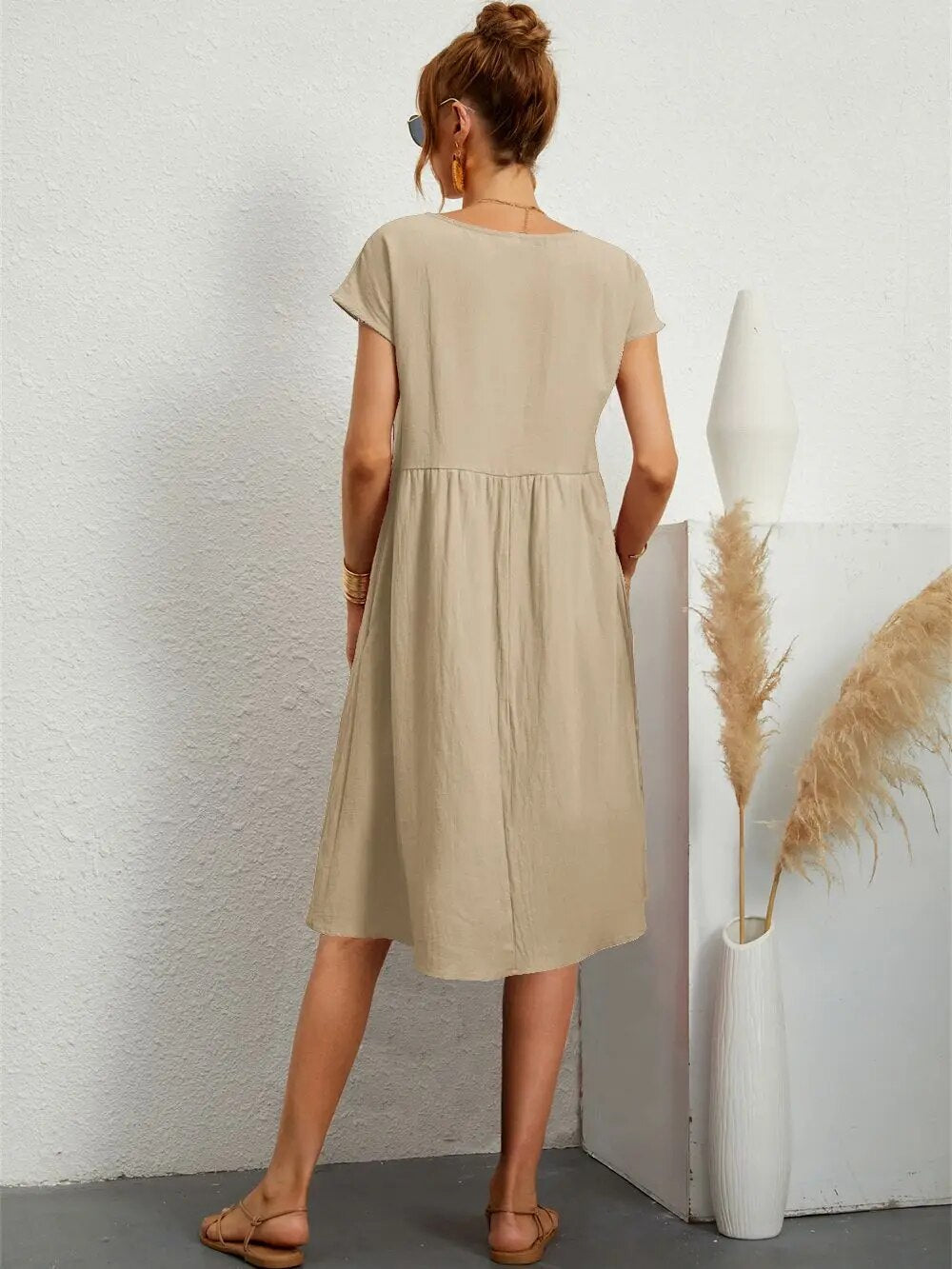 Damen Kurzarm Midikleid Mit Taschen
