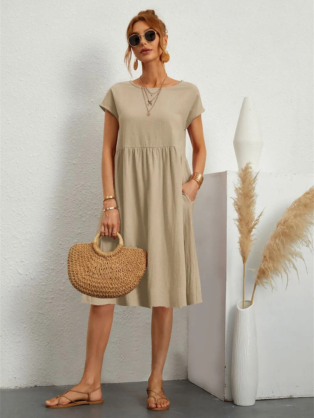 Damen Kurzarm Midikleid Mit Taschen
