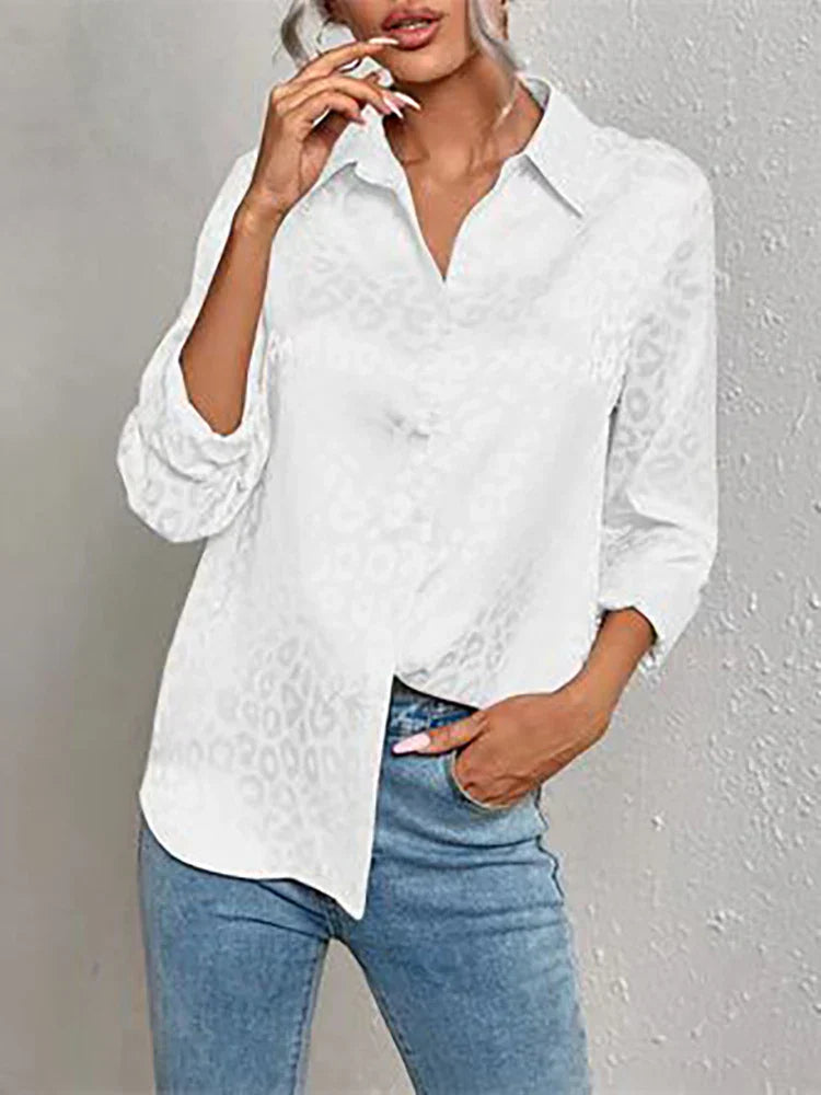 Damen Bluse Glanz-Effekt Knopfleiste Reverskragen Langarm