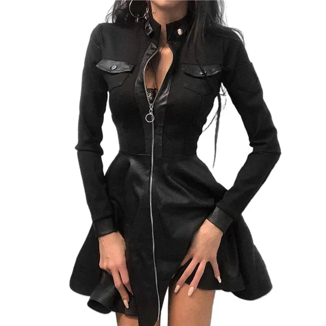 Eveloria Damenkleid aus PU mit langen Spitzenärmeln