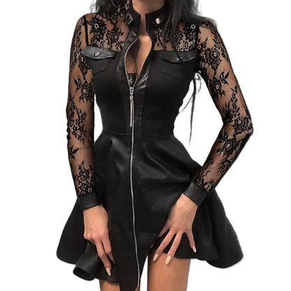 Eveloria Damenkleid aus PU mit langen Spitzenärmeln