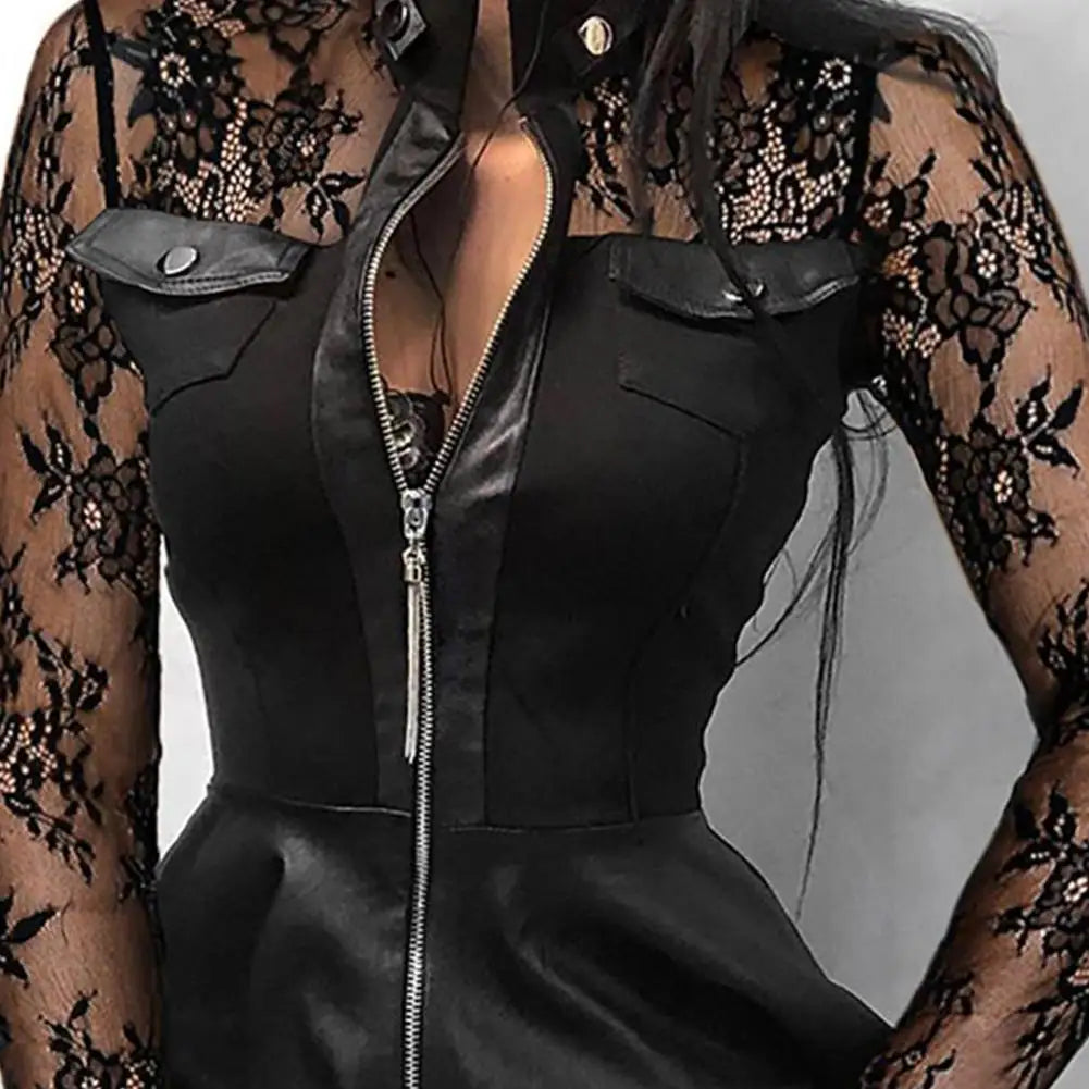 Eveloria Damenkleid aus PU mit langen Spitzenärmeln