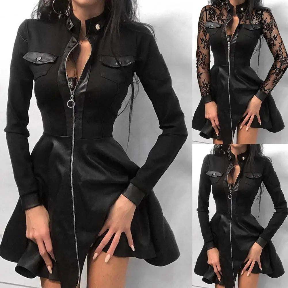 Eveloria Damenkleid aus PU mit langen Spitzenärmeln - Eveloria