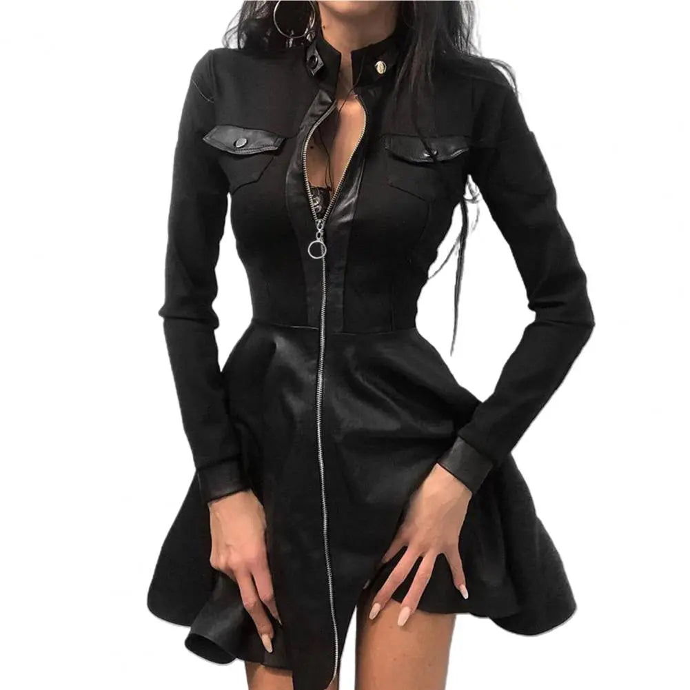 Eveloria Damenkleid aus PU mit langen Spitzenärmeln