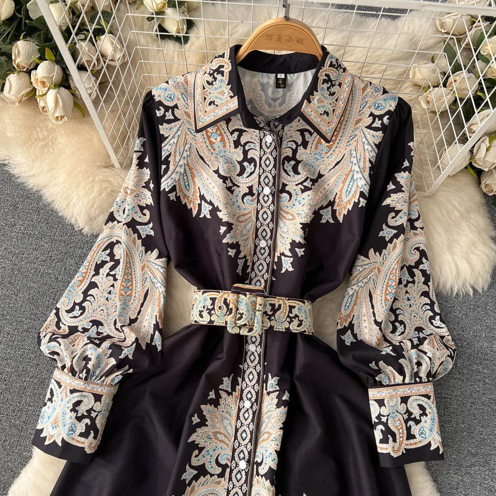 Eveloria Damen A-Linienkleid Gürtel Blumenmuster