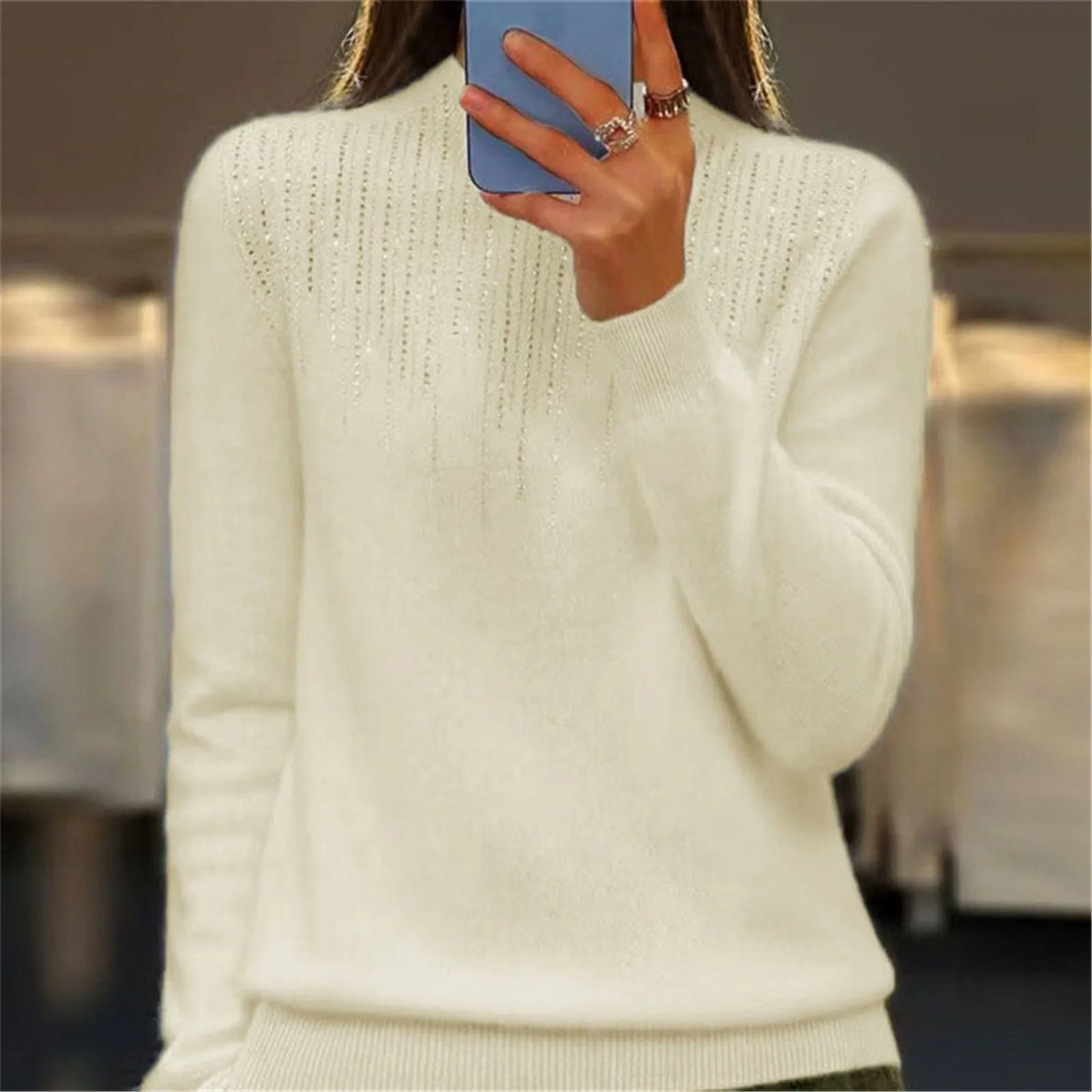 Damen Pullover Halbrollkragen Pailletten Bequem