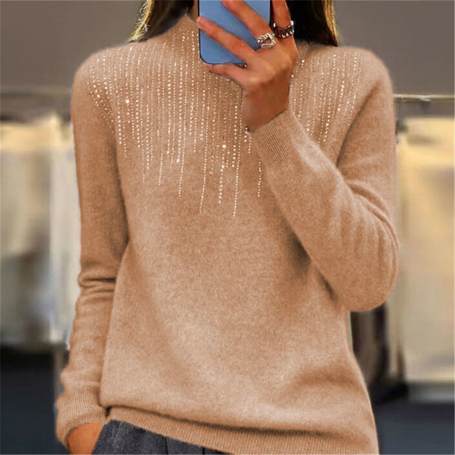 Damen Pullover Halbrollkragen Pailletten Bequem