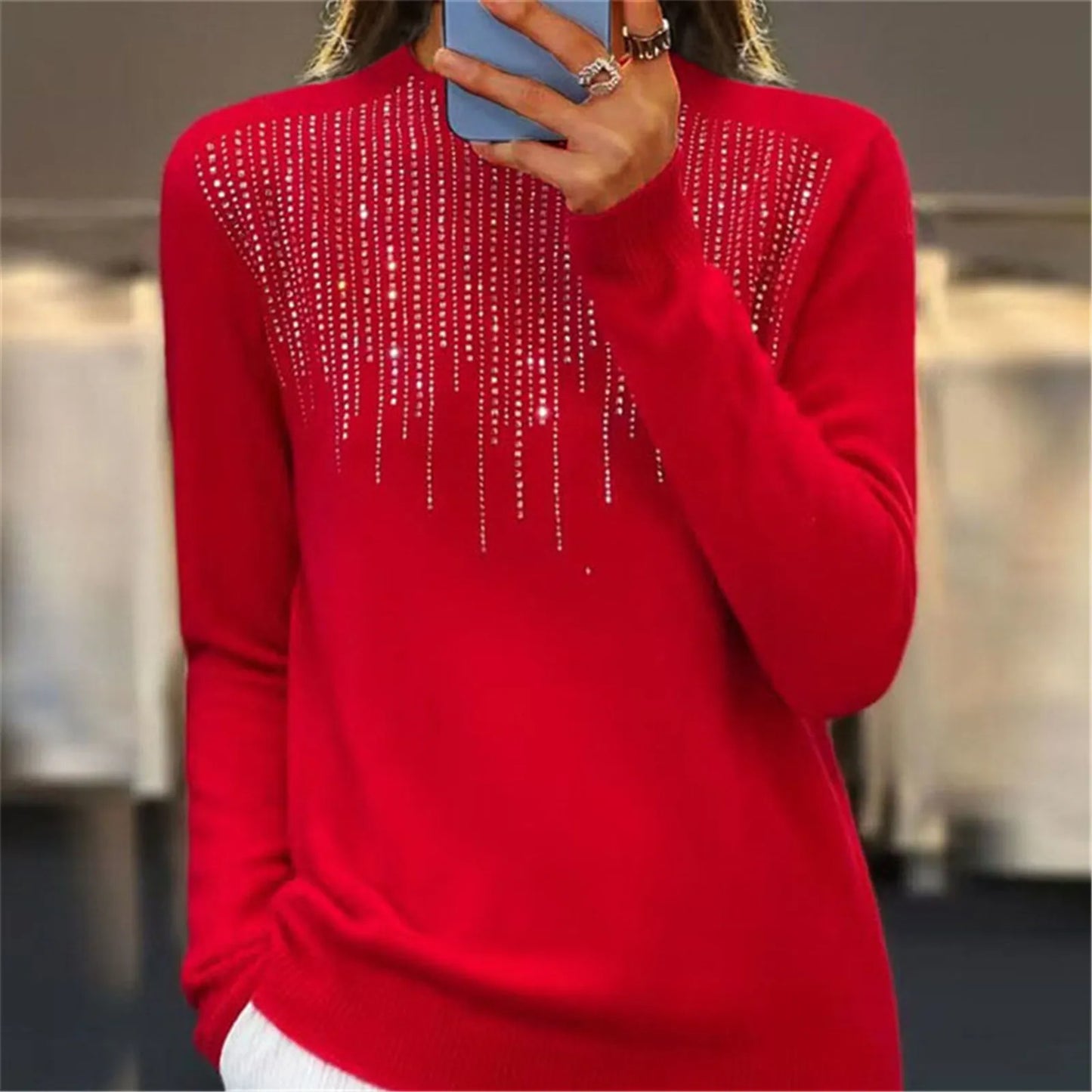 Damen Pullover Halbrollkragen Pailletten Bequem