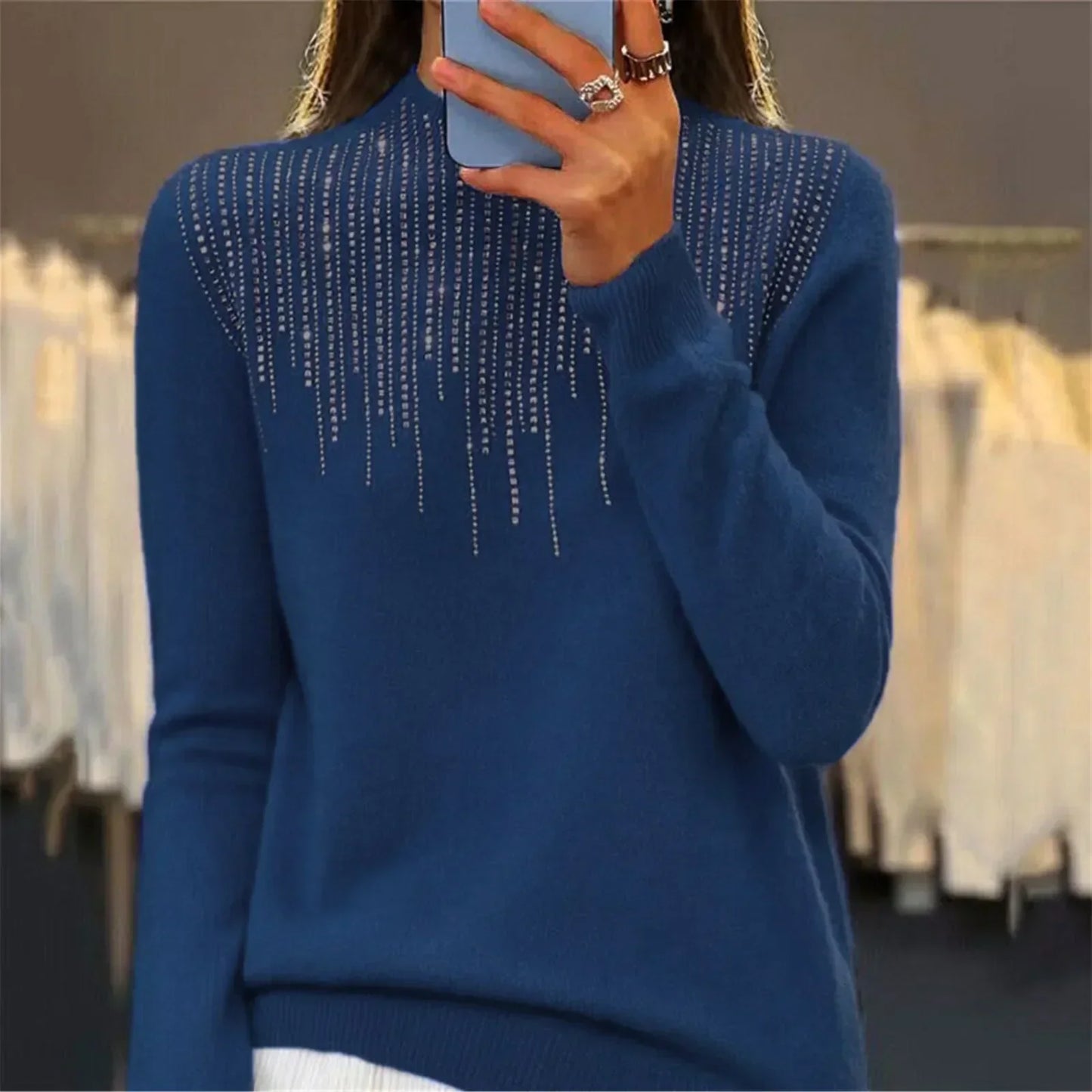 Damen Pullover Halbrollkragen Pailletten Bequem