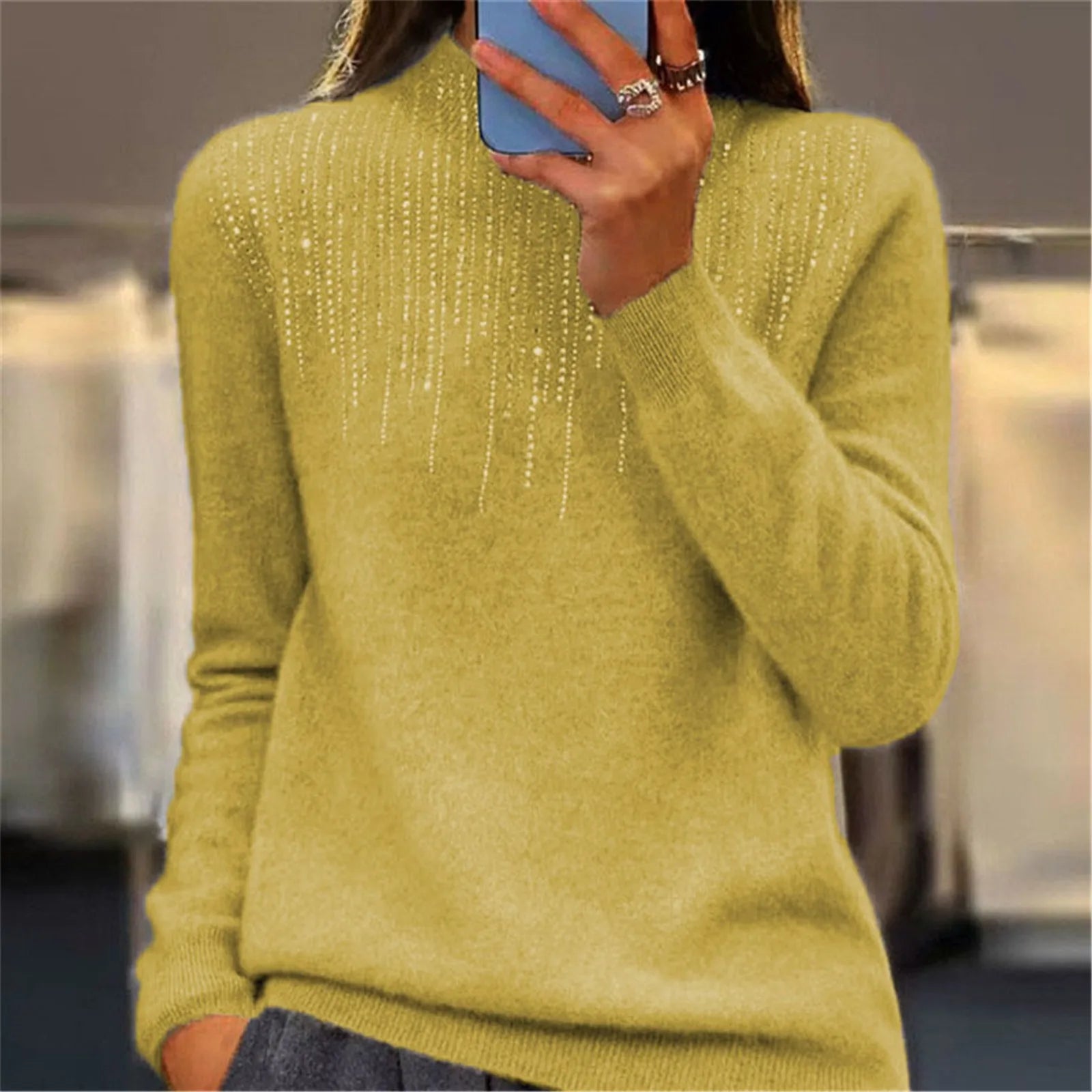 Damen Pullover Halbrollkragen Pailletten Bequem - Eveloria