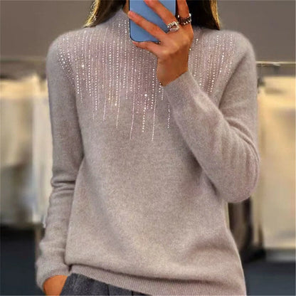 Damen Pullover Halbrollkragen Pailletten Bequem