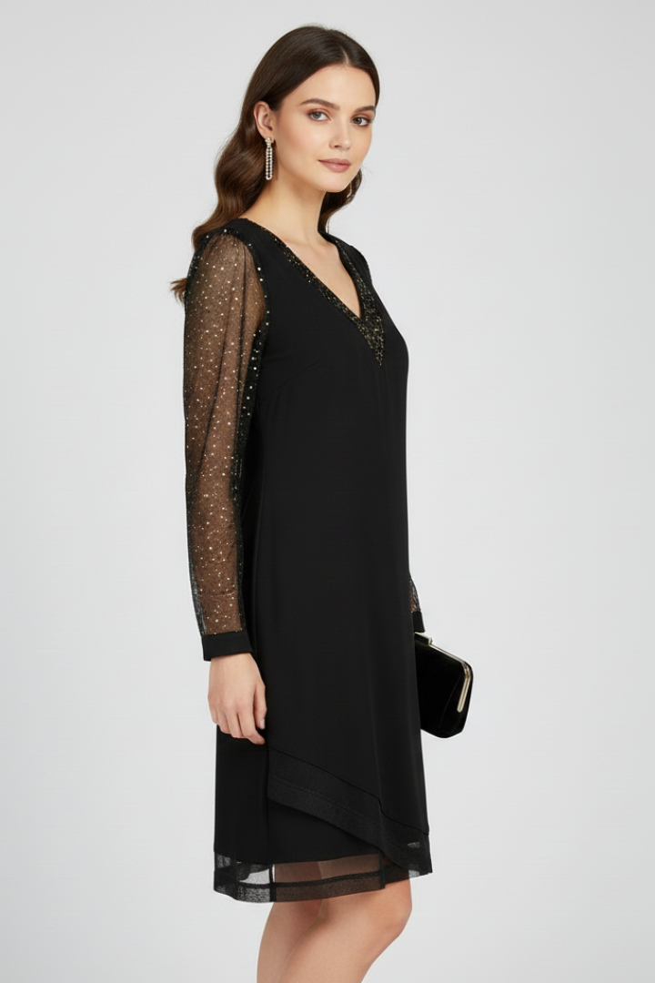 Damen Cocktailkleid V-Ausschnitt Paillettenärmel