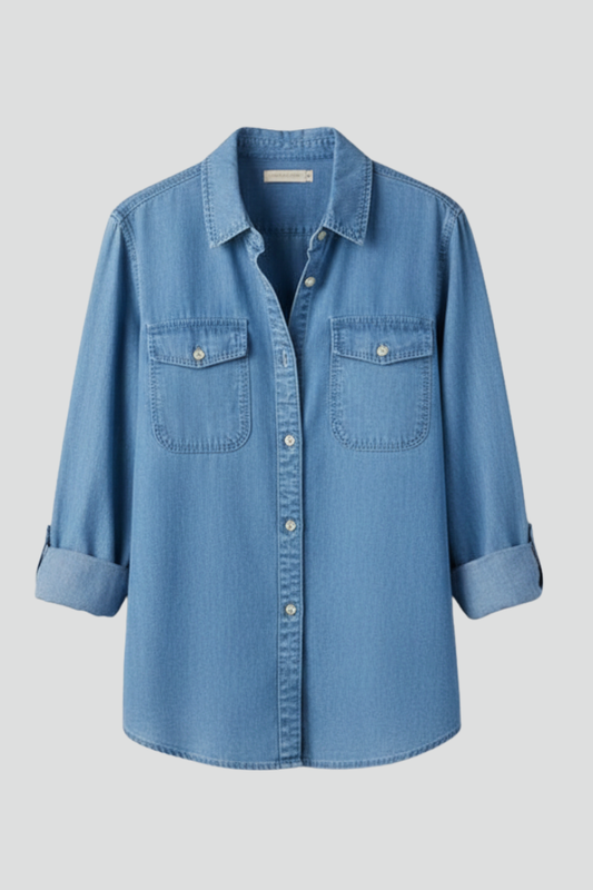 Damen Denimhemd Langärmlig Knöpfe Vorne Blau - Eveloria