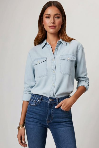 Damen Denimhemd Langärmlig Knöpfe Vorne Blau